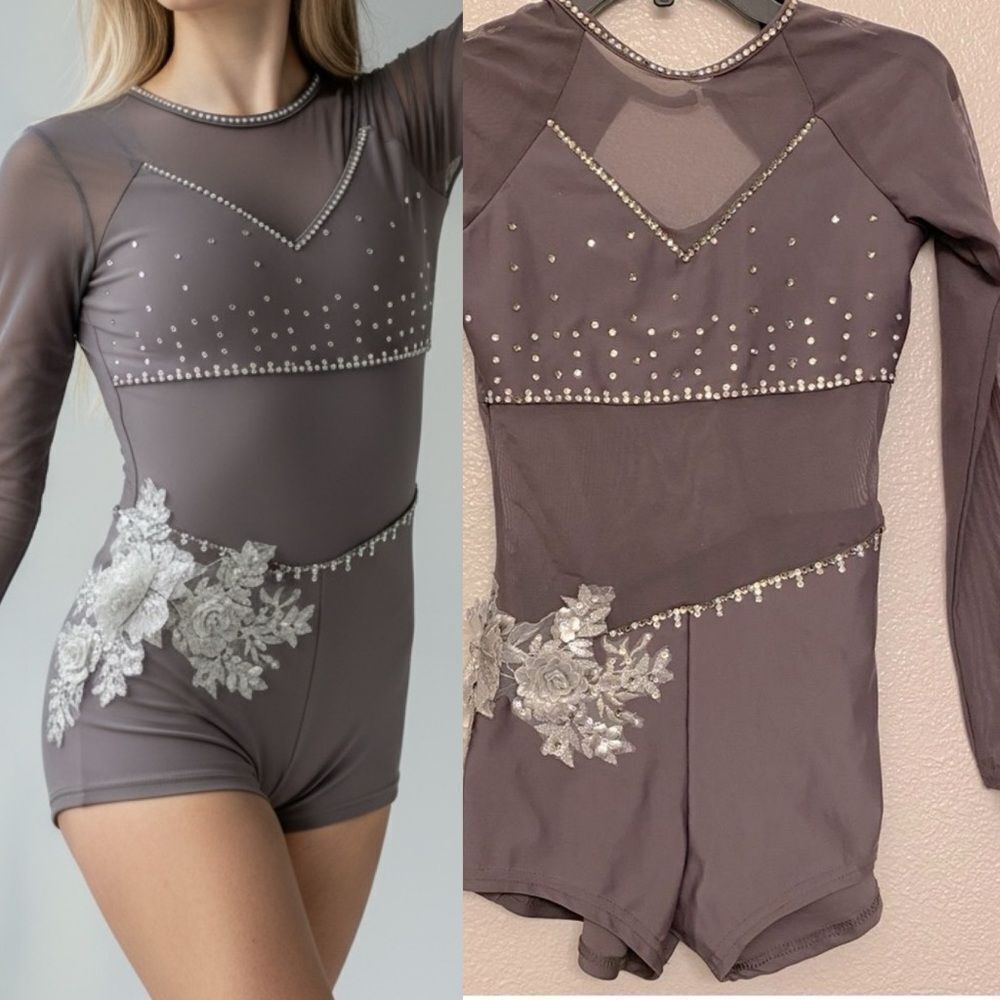 Reverence solo gray Custom rhinestoned dance costume illusion PXS (adult XS)